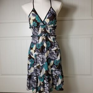 Heart Soul Brown & Aqua Halter Dress Ruffle Hem M